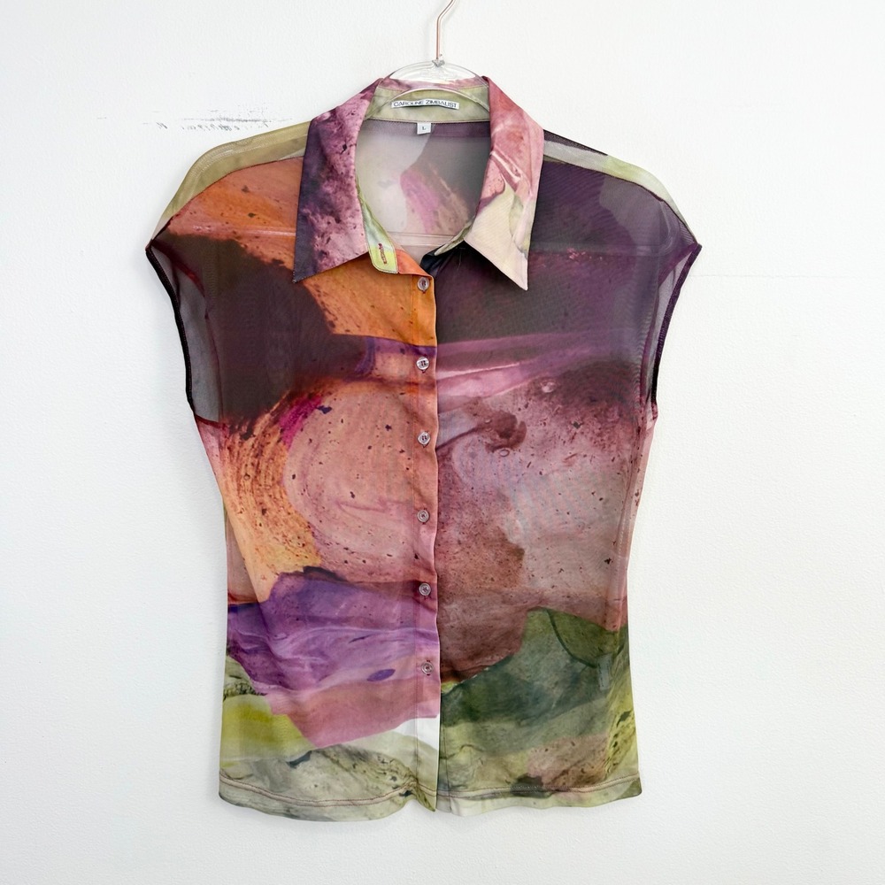 Caroline Zimbalist Abstract Mesh Button Front Sheer Top Size L